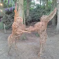 Pair of woven willow deer sculptures outdoors